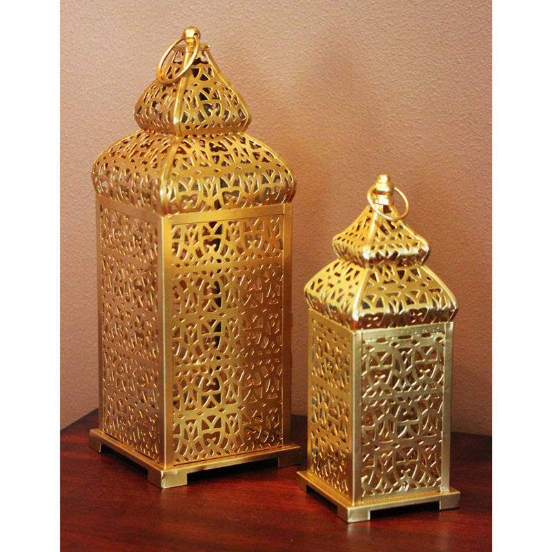House of Hampton Large Golden Temple Moroccan Lantern Lamp Decorative Candle Holders For Ramadan Decorations Hanging Outdoor Patio Or Porch Indoor Home Decor Gold Set Of 2 Wayfair